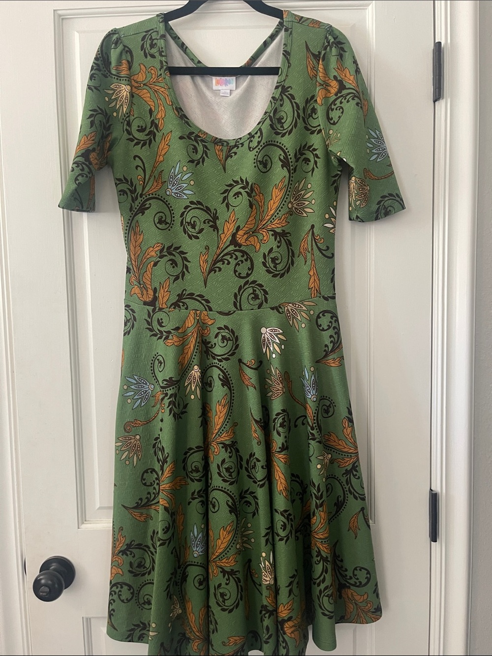 LuLaRoe Nicole Green Floral Fit & Flare Dress with Gold and Blue Accents